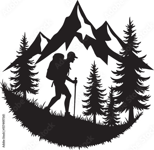 Nature Trekking Silhouette with Mountains and Trees.