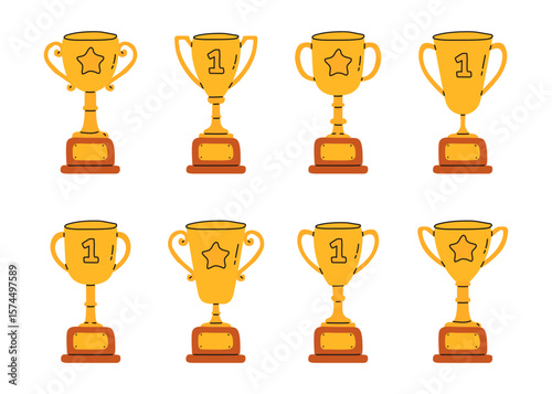 Set of golden cups. Winner's cups are hand drawn. Vector.