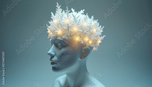 Stylized Woman Head with Illuminated Snowflake Hair in Cool Blue Tones
