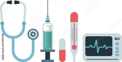 A vector illustration of medical equipment including stethoscope and monitor