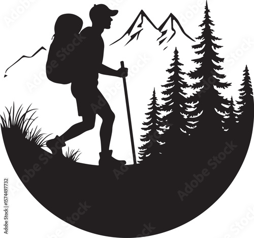 Nature Trekking Silhouette with Mountains and Trees.