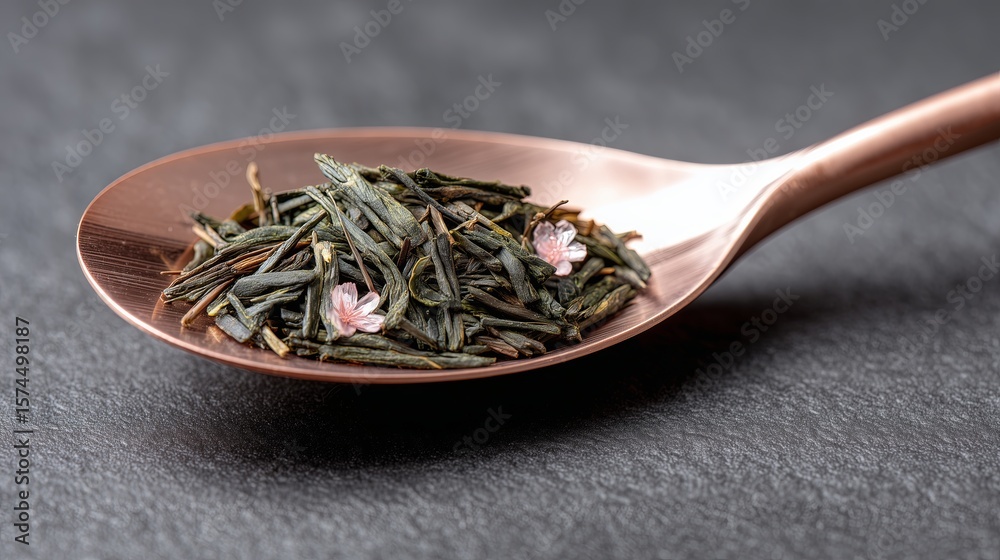Fototapeta premium Sencha Green Tea Leaves on Sakura Spoon, Japanese Tea Ceremony Close-Up