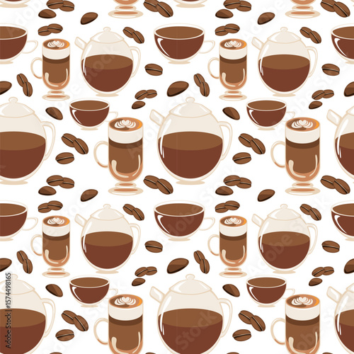 Seamless vector pattern with coffee cups and beans. Cozy fall design for cafe packaging, textile prints, and autumn food branding.