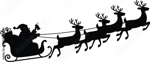 Silhouette of santa claus riding in a sleigh pulled by reindeer with gifts