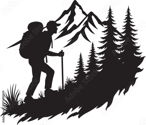 Nature Trekking Silhouette with Mountains and Trees.