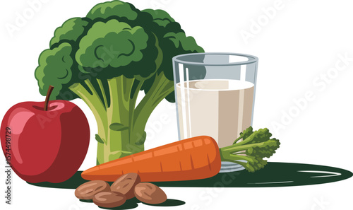 Illustration of apple broccoli carrot almonds and glass of milk on surface
