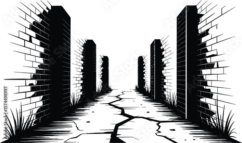 Cracked ground and broken brick walls create a dark desolate pathway into the distance