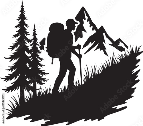 Nature Trekking Silhouette with Mountains and Trees.