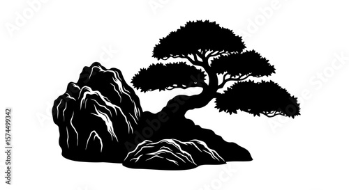 Serene Bonsai Tree and Rocks: A Black and White Landscape Illustration