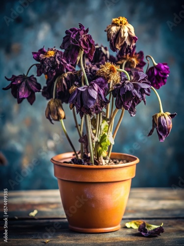 Dark purple dead flowers in a pot with wilted petals and dry leaves