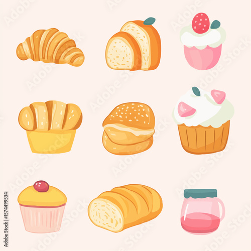 Naive flat bakery set with croissants, muffins, bread and jam, ideal for eco packaging, digital paper and cheerful printable cards