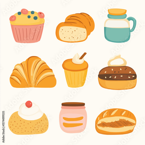 Minimal naive bakery clipart with simple pastries, croissants and bread, perfect for greeting cards, café packaging and nursery prints