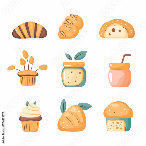 Flat naive bakery icons with simple bread, croissants and muffins, ideal for nursery wall art, greeting cards and printable packaging