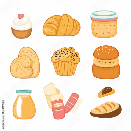 Naive flat bakery set with croissants, bread, baguettes and jam jars, perfect for eco-friendly packaging, wall art and greeting cards