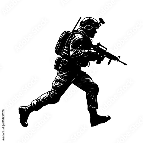 Running Soldier: Military Action Silhouette Graphic