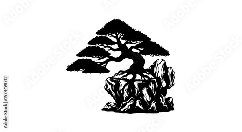 Bonsai Tree on Rock: A Black and White Zen Minimalist Art Print