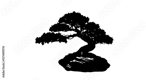 Serene Bonsai Tree Silhouette: Zen Garden Minimalist Art