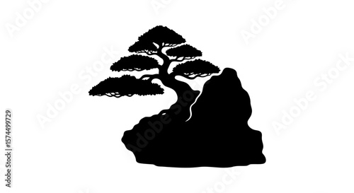 Bonsai Tree on Rock: A Black and White Minimalist Zen Art Print