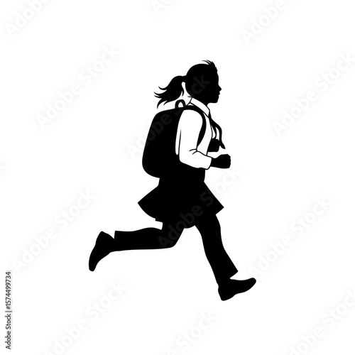 A Schoolgirl Running: Dynamic Silhouette of a Student Rushing to School