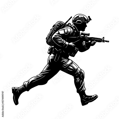 Running Soldier Silhouette: Military Action and Combat Scene
