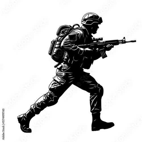 Running Soldier Silhouette: Military Combat Action Vector Graphic