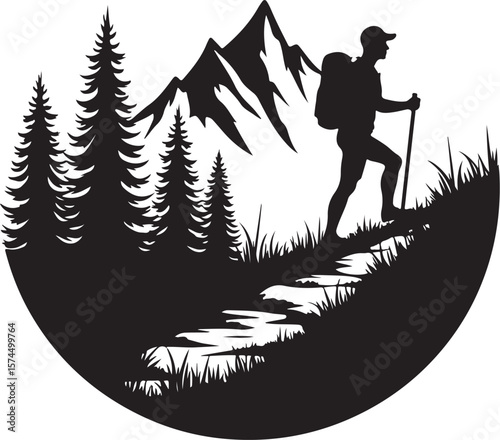 Nature Trekking Silhouette with Mountains and Trees.