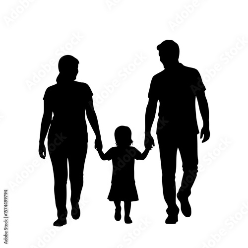 A Happy Family Silhouette: Parents and Child Walking Hand in Hand