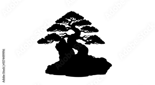 Serene Bonsai Tree Silhouette: Zen Garden Minimalist Art Print