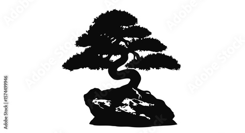 Bonsai Tree Silhouette: Zen Garden Art, Minimalist Black and White Nature Image