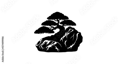Bonsai Tree on Rock: Zen Minimalist Black and White Nature Art