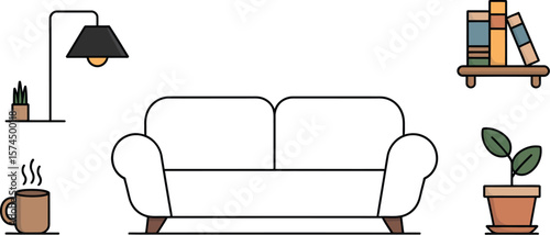 A simple illustration of a living room with a couch lamp and other decorations