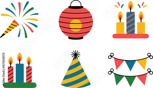 A festive collection of party decorations including candles and party favors set up