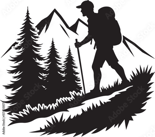 Nature Trekking Silhouette with Mountains and Trees.