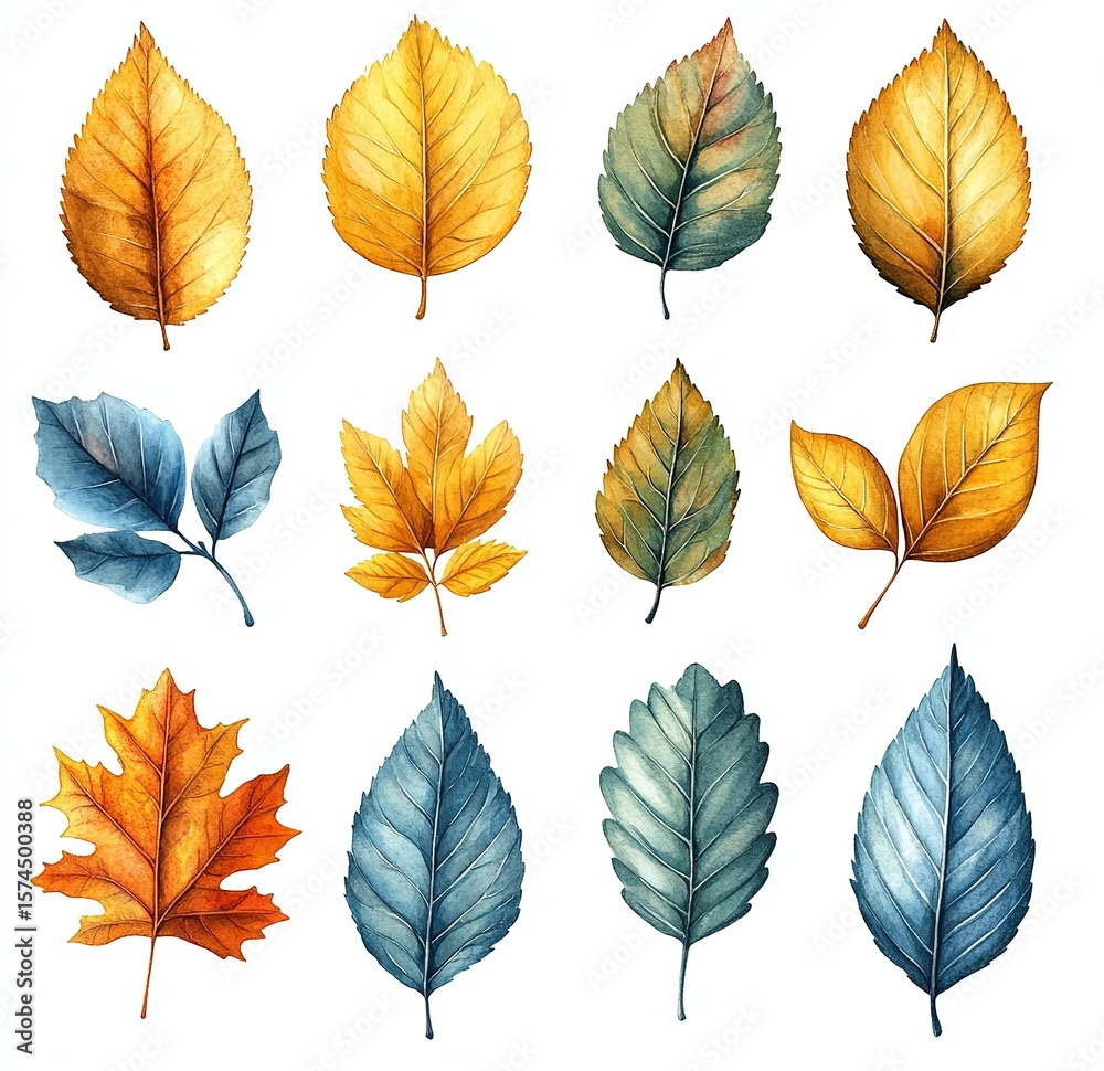 Obraz premium Watercolor Painting of Assorted Autumn Leaves, Colorful Foliage Arrangement on White Background