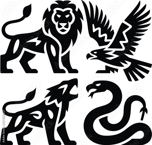 Stylized black silhouette icons of a lion eagle and snake in combat