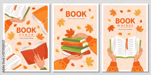 Set of banner for bookstore, library, sale in bookshop, market. People read books with autumn bright leaves. Vector illustration for poster, cover, marketing, sale.