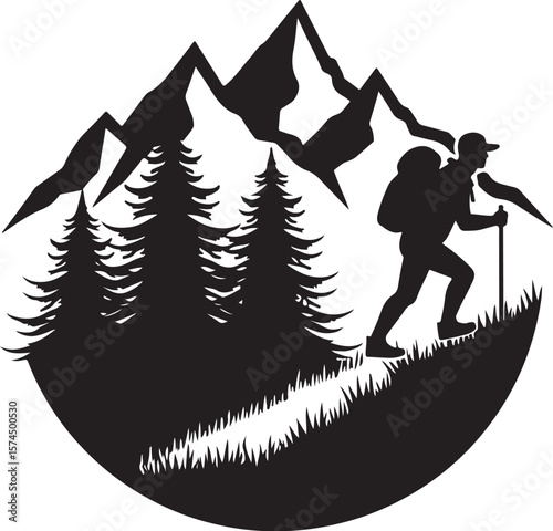 Nature Trekking Silhouette with Mountains and Trees.