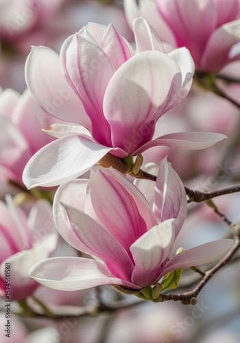 Delicate Magnolia Blossoms - Pink and white magnolia flowers in full bloom, symbolizing spring, beauty, purity, resilience, and new beginnings. A delicate and elegant floral