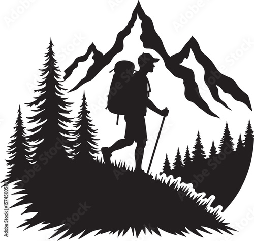 Nature Trekking Silhouette with Mountains and Trees.