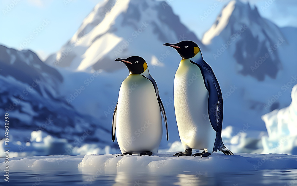 Obraz premium Dramatic Antarctic Scene – Penguins and Icy Mountains in the Distance.