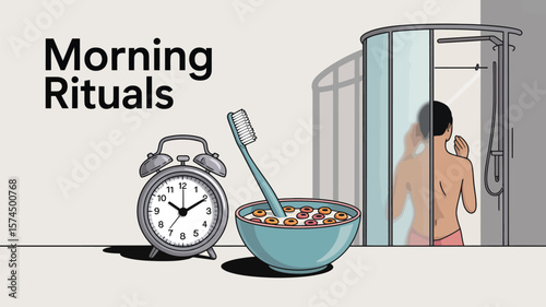 Illustration showing morning rituals with clock, cereal, toothbrush and shower scene