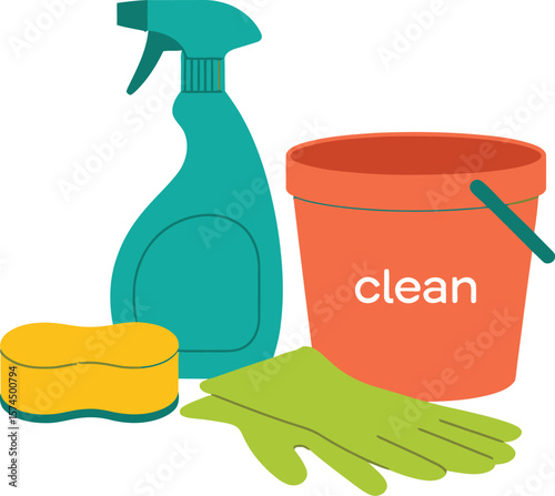 A still life of a bucket, spray bottle, sponge, and gloves on a white background