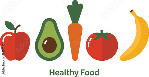 Illustration of apple avocado carrot tomato and banana on a light green background