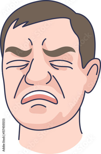 Illustration of a man's face with a strong facial grimace. His eyes are squeezed shut and mouth is downturned, expressing pain, disgust, or a foul smell.