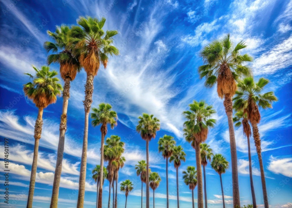 Fototapeta premium California palm trees standing tall against the bright blue sky with a few wispy clouds