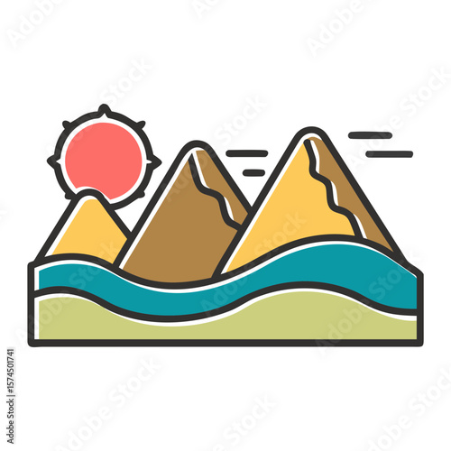 Illustration of mountains and sun with waves in a natural landscape  