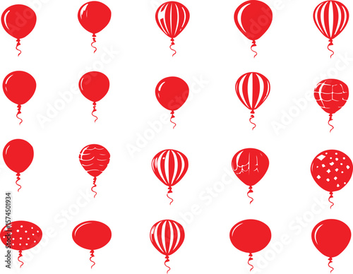 Collection of twenty one red balloons with various patterns on a white background