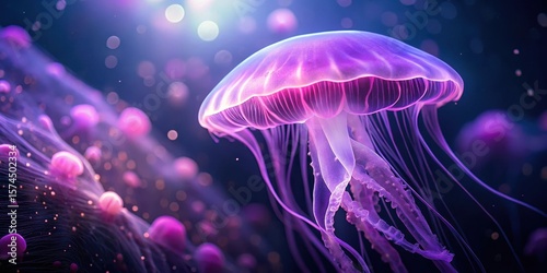 A jellyfish floats gently under the soft glow of a purple neon light in an aquarium
