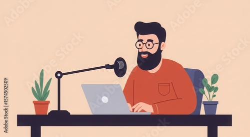 Man with beard recording podcast with laptop and microphone on the table