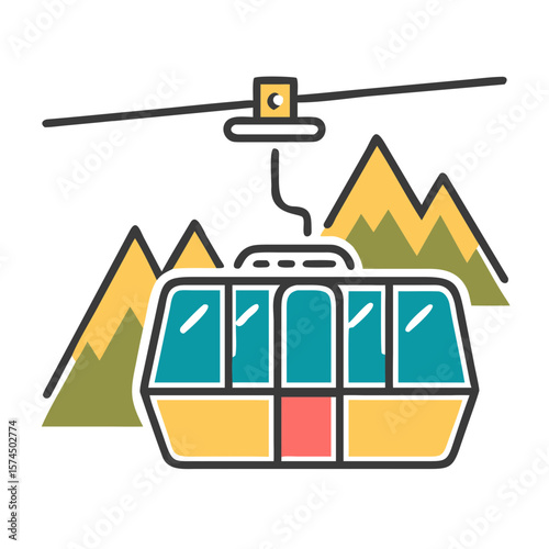 Cable car traveling through mountains in minimalist illustration style  